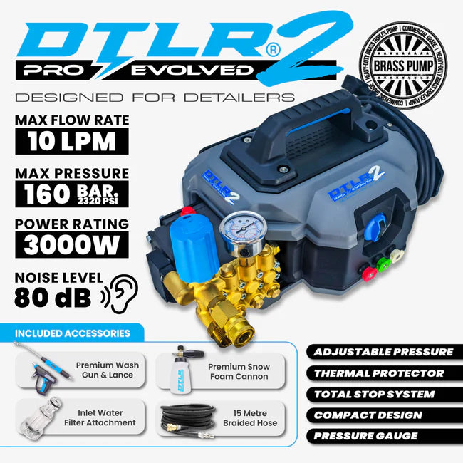 DTLR2 pressure washer with specifications and accessories on a white background