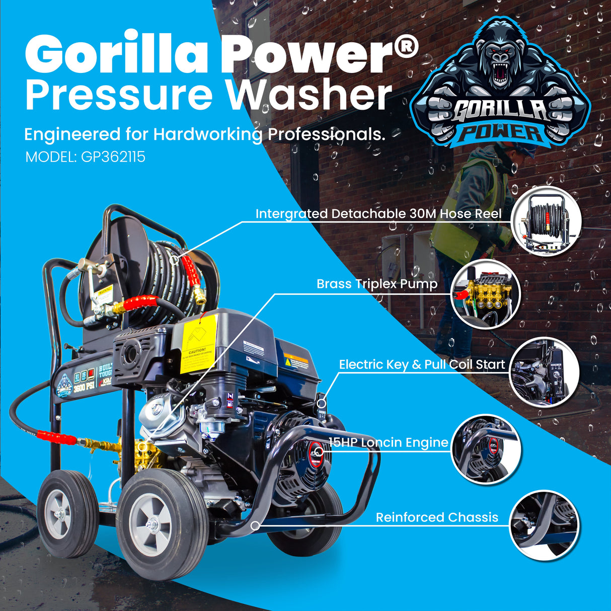 Kiam GORILLA POWER® 3600PSI 21LPM 15HP Pressure Washer Loncin Engine