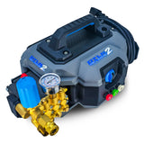Pressure washer pump with visible brand logo on a white background