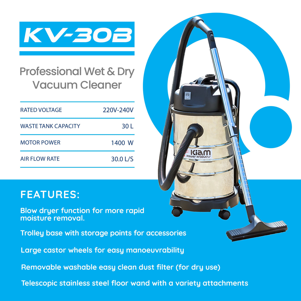 Kiam KV30B 1400W Professional Wet & Dry Vacuum with Blower Function