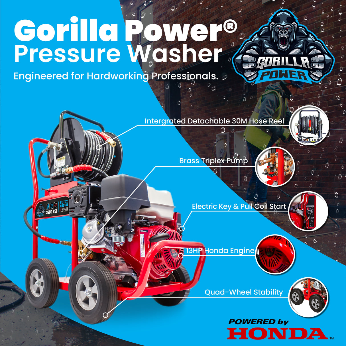 Kiam GORILLA POWER® 3600PSI Petrol Pressure Washer Honda GX390 Engine
