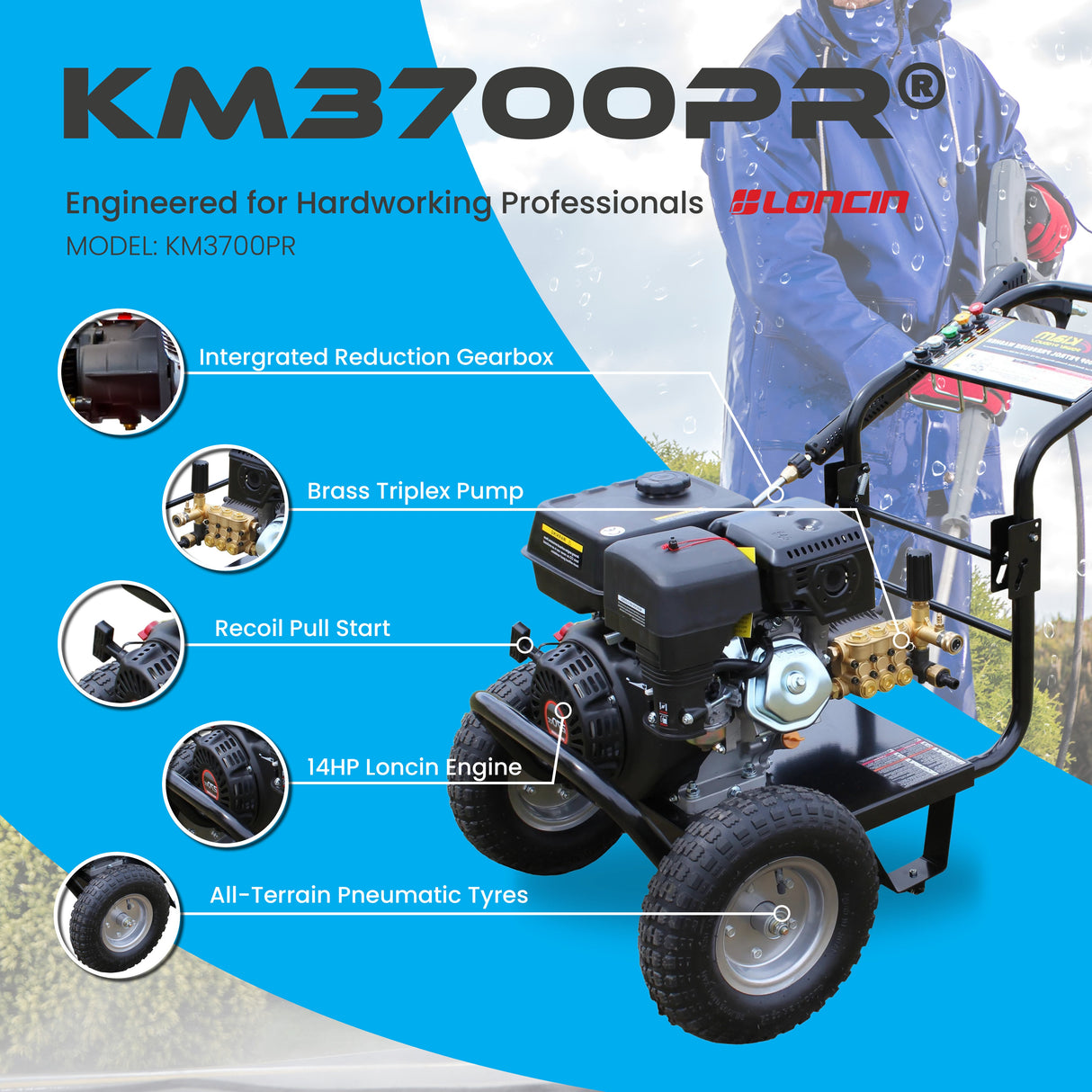 Kiam KM3700PR Petrol Pressure Washer Jet Cleaner  Gearbox Version 14HP
