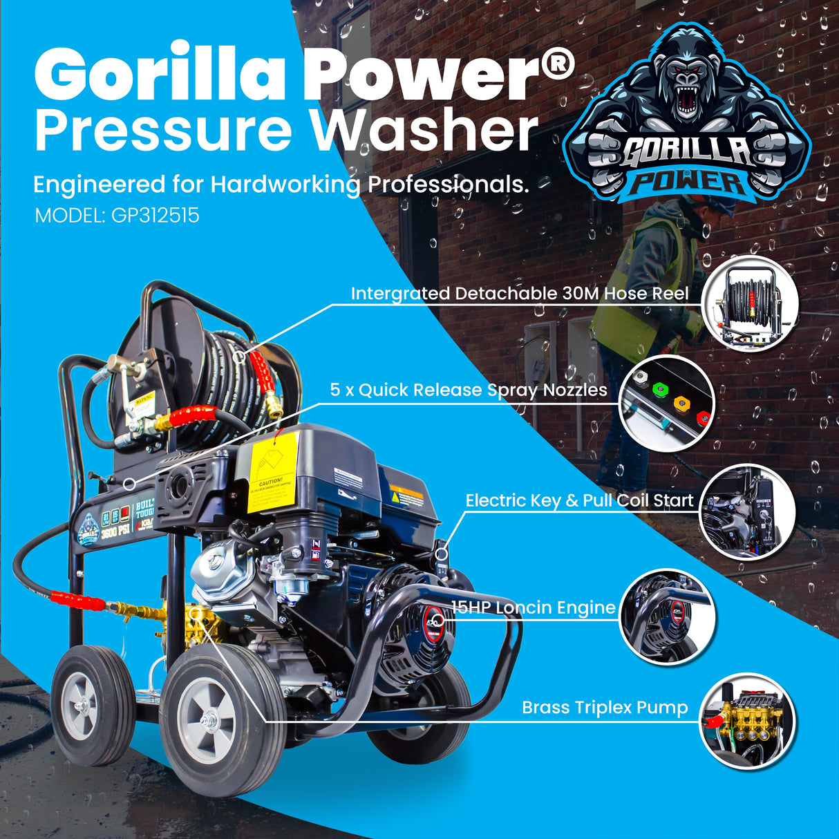 Kiam GORILLA POWER® 3100PSI 25LPM 15HP Pressure Washer Loncin Engine