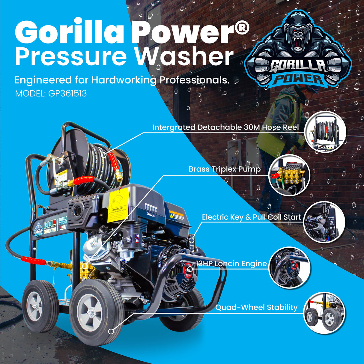 Kiam GORILLA POWER® 3600PSI 15LPM 13HP Pressure Washer Loncin Engine